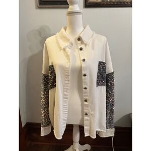 CHICME White Denim Jacket Sequin Embellished Pockets Raw Hem Size Medium